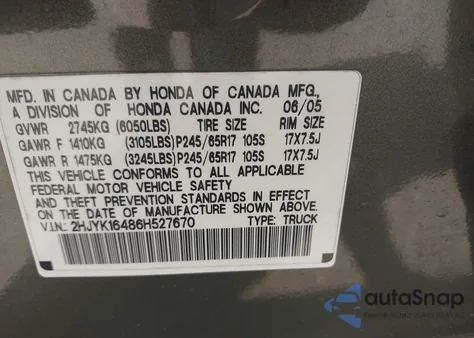 2006 Honda Ridgeline Rts из США, поврежденный, VIN 2HJYK16486H527670